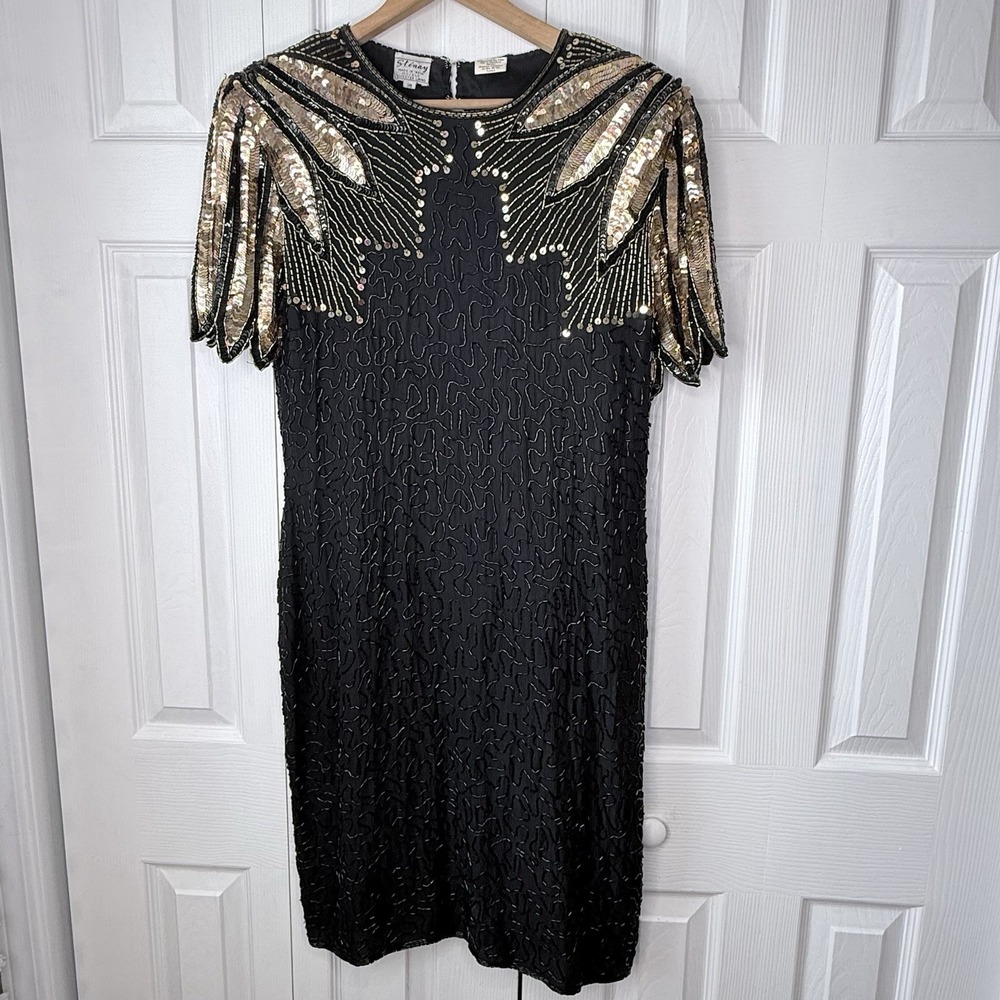 Vintage‎ 80s 100% Silk Stenay Cocktail Dress Silver Black Sequin Beaded Size 14
